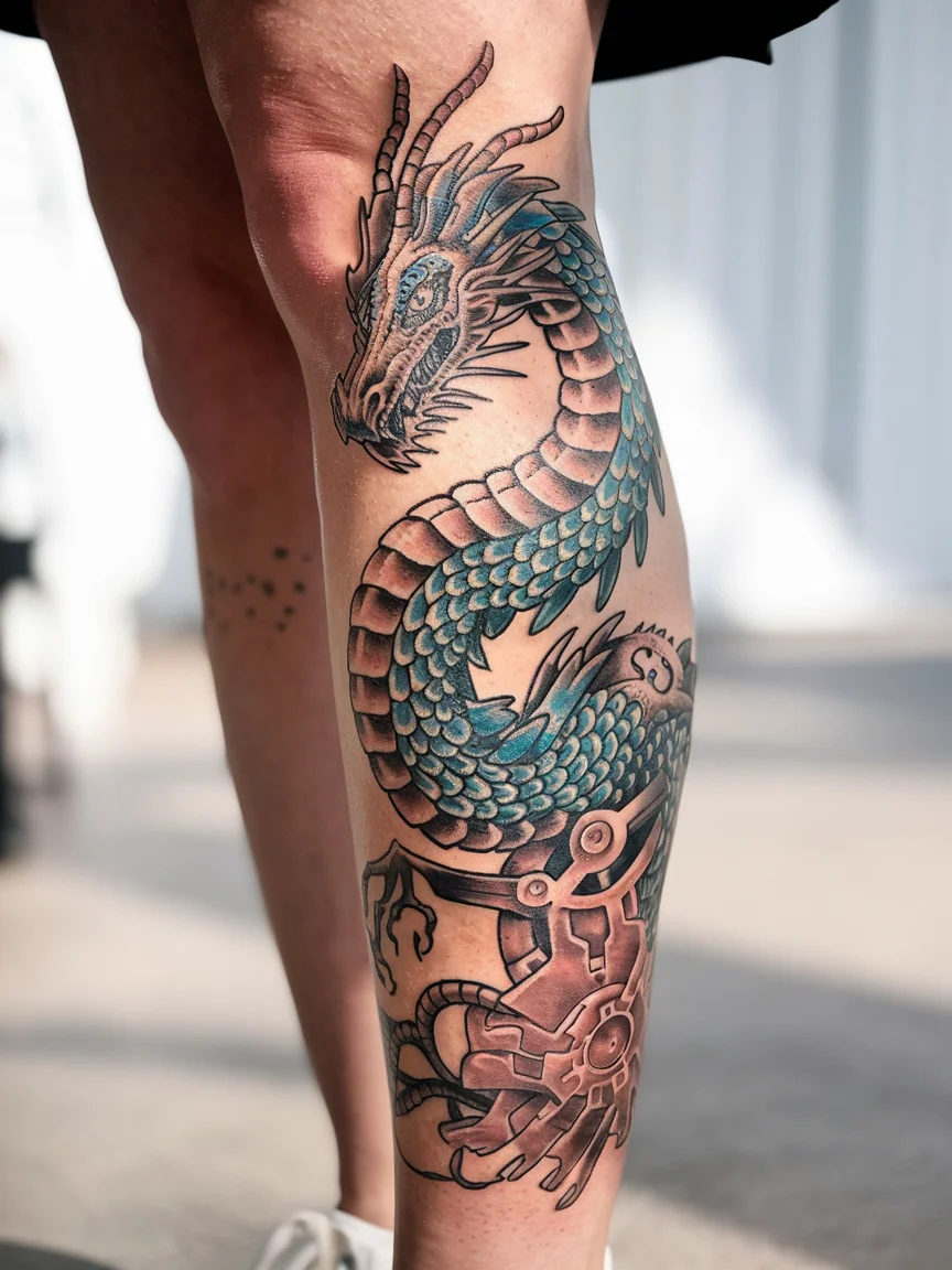 Biomechanical dragon lower leg tattoo