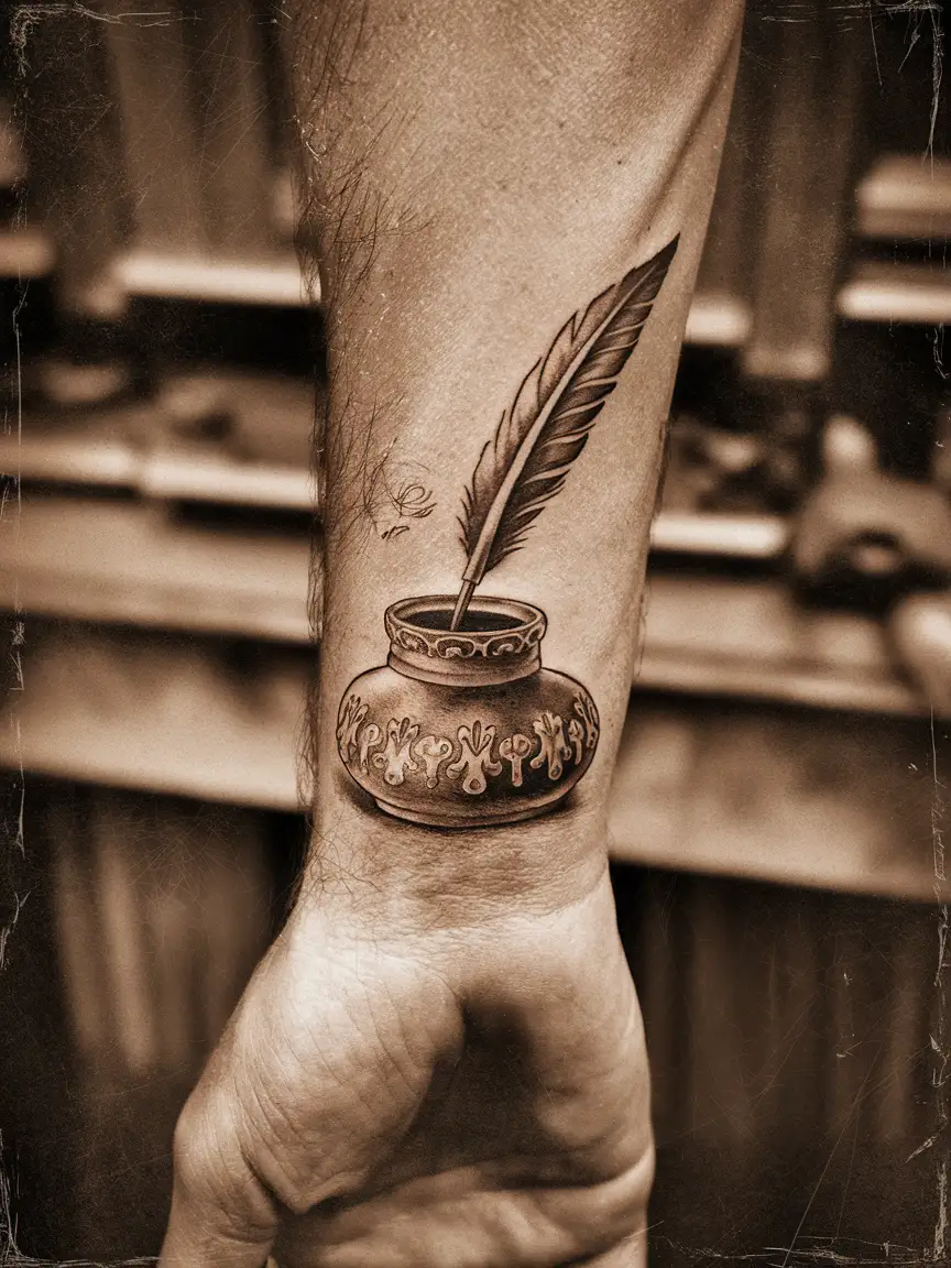 Man's wrist tattoo of quill and inkwell