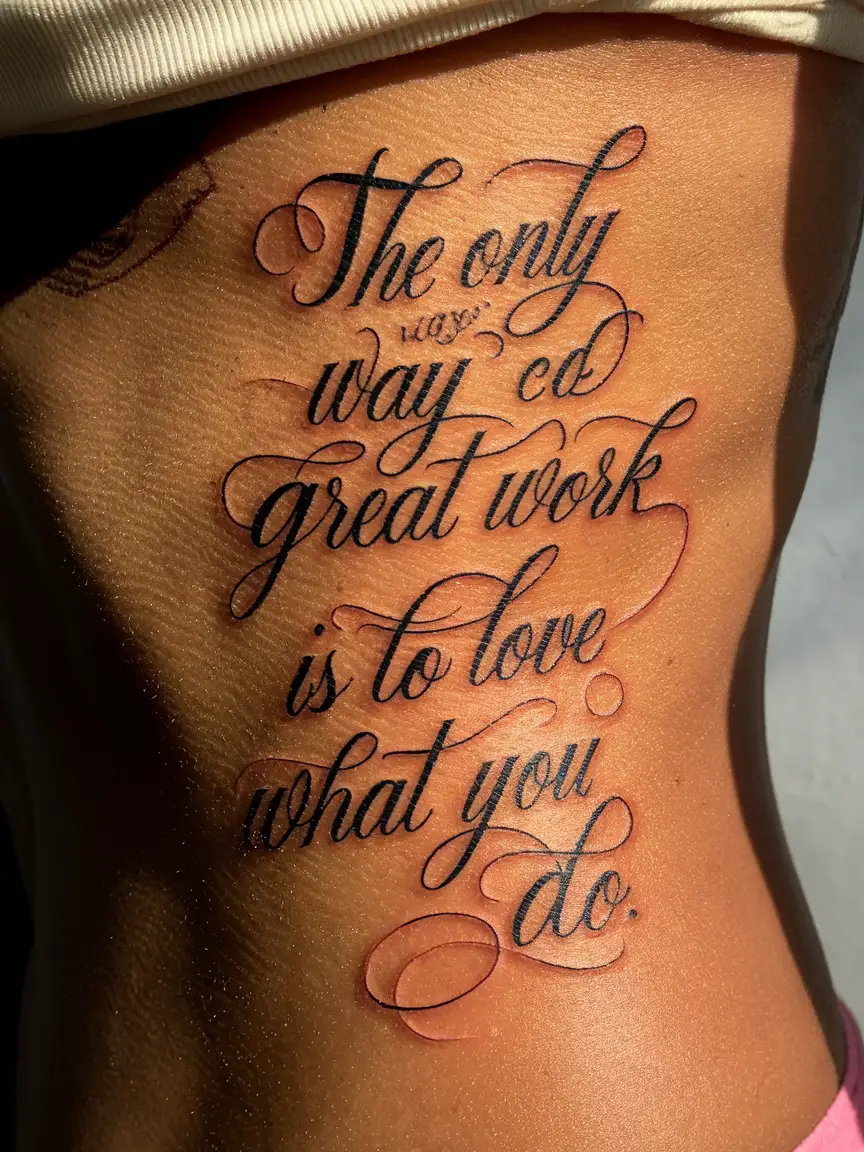 Woman's ribcage tattoo of script quote