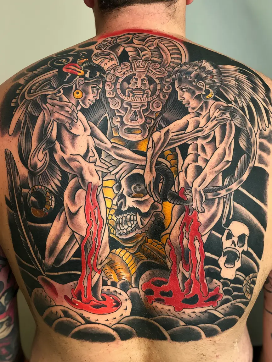 Man's back tattoo of Quetzalcoatl creation myth