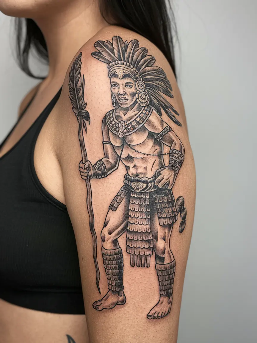Woman's arm tattoo of Warrior Quetzalcoatl