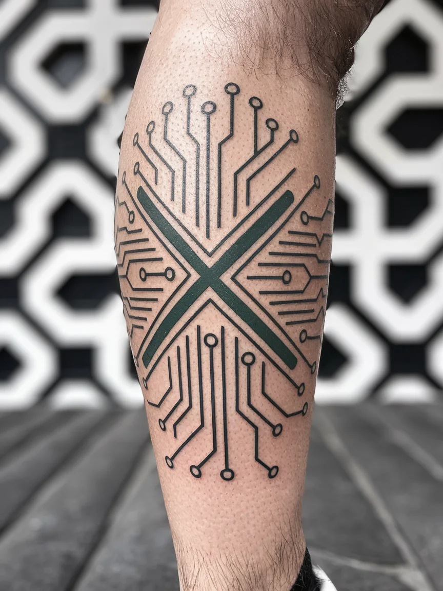 Circuit board XO tattoo on calf