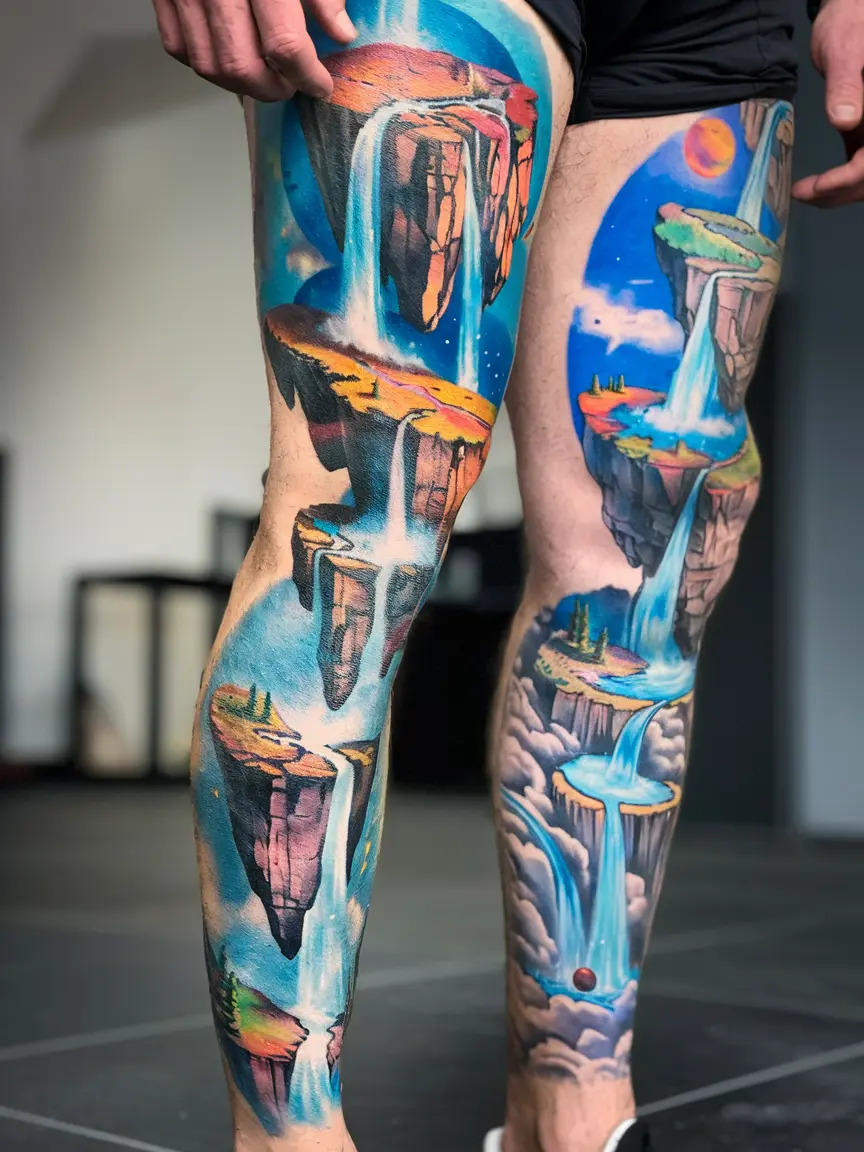 Floating islands leg sleeve tattoo