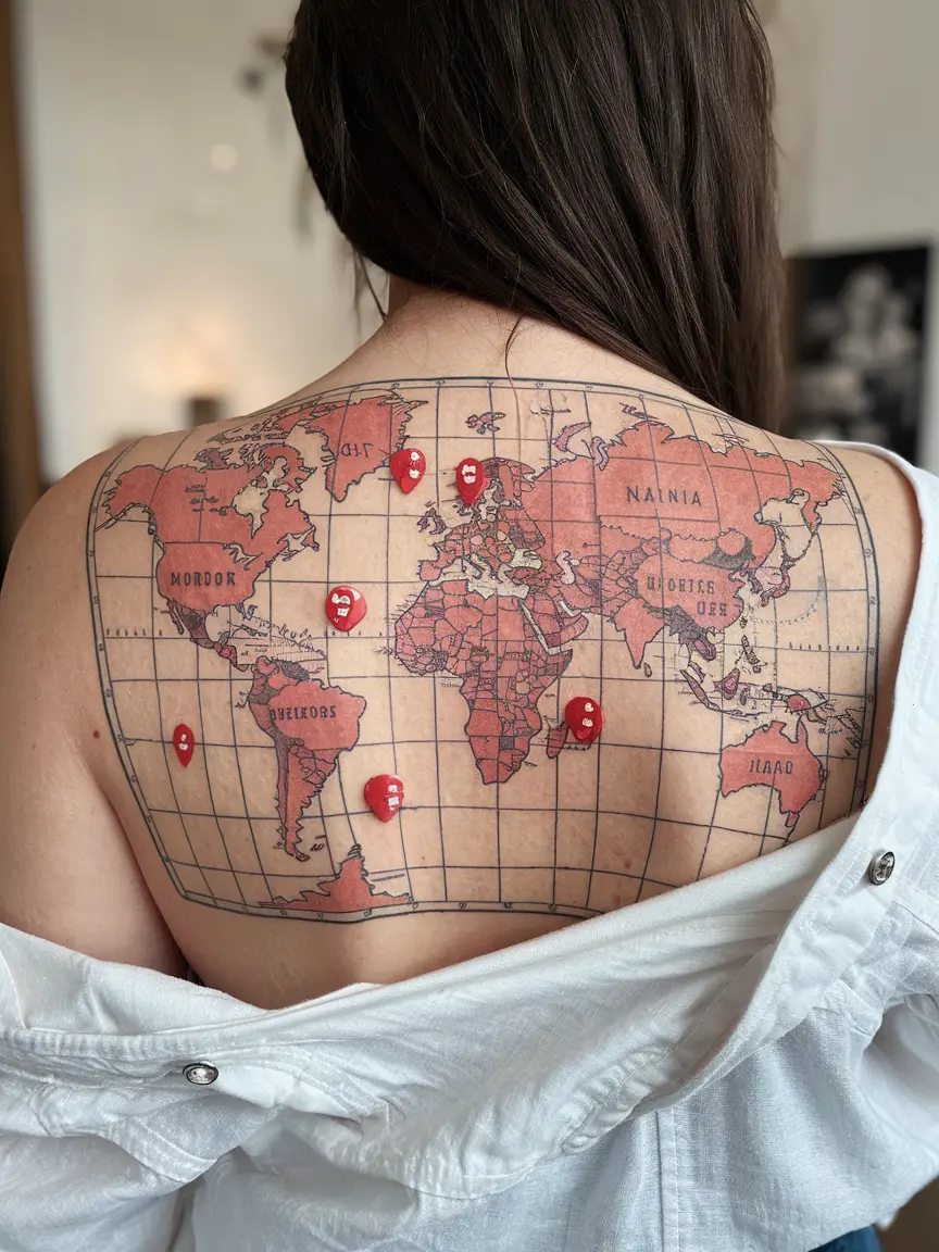 Woman's back tattoo of literary world map