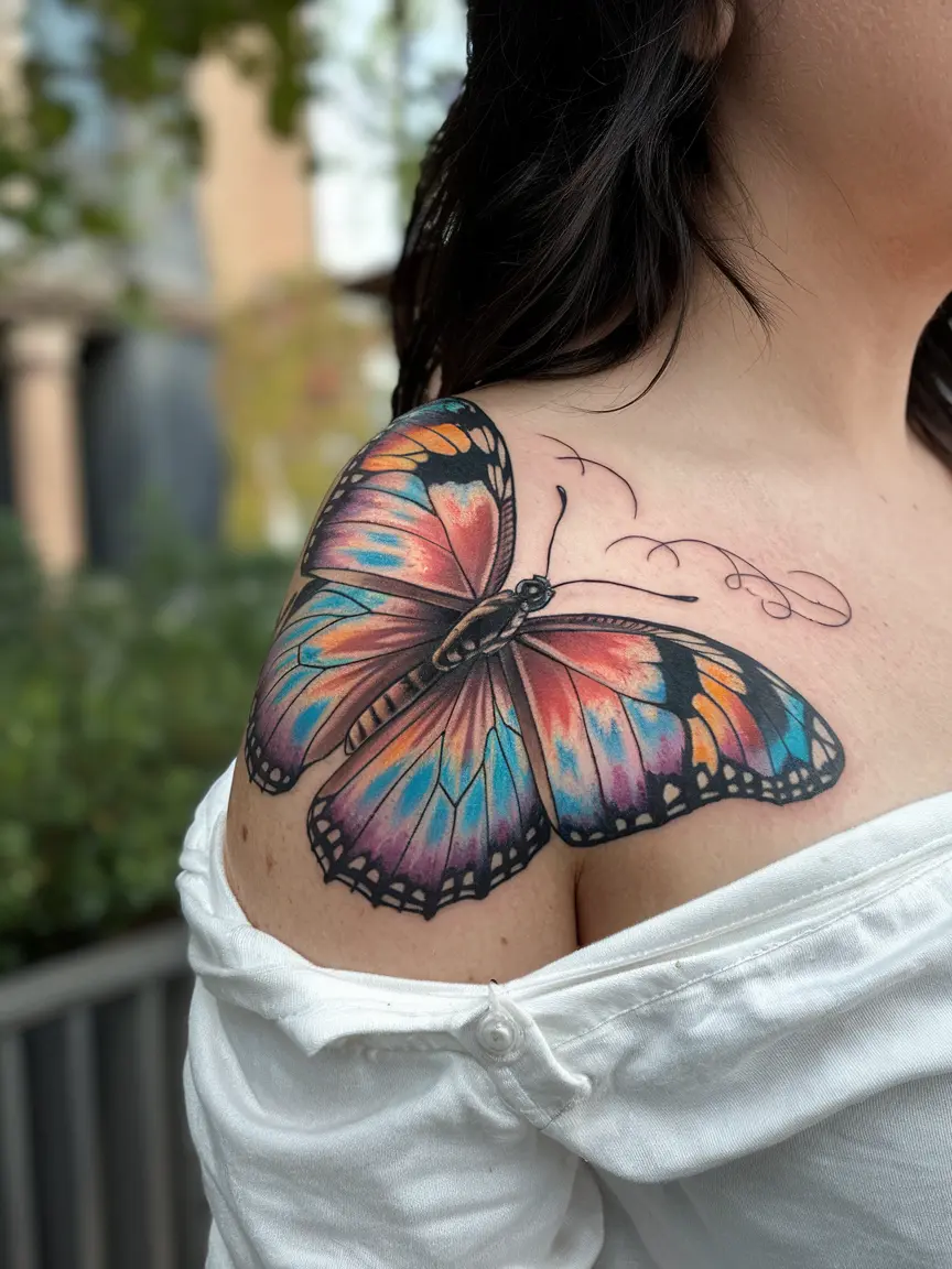 Realistic butterfly shoulder tattoo