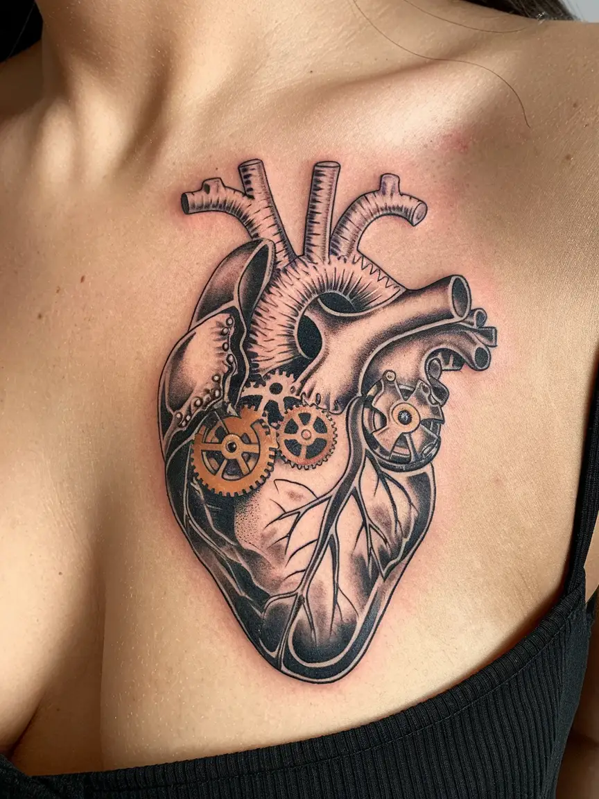 Mechanical heart chest tattoo