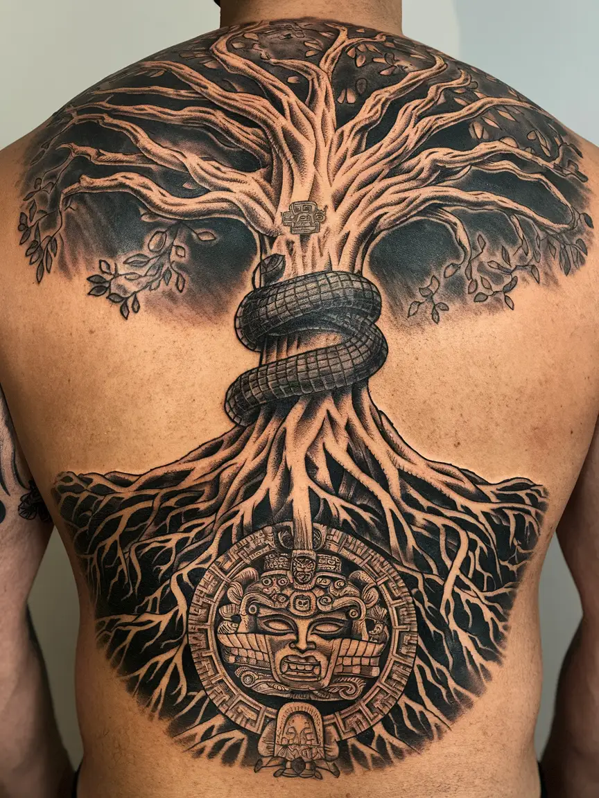 Man's back tattoo of Quetzalcoatl and World Tree