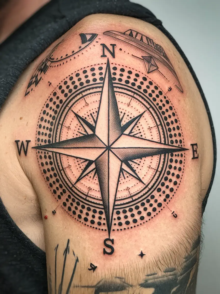 Man's upper arm with dotwork compass stick and poke tattoo