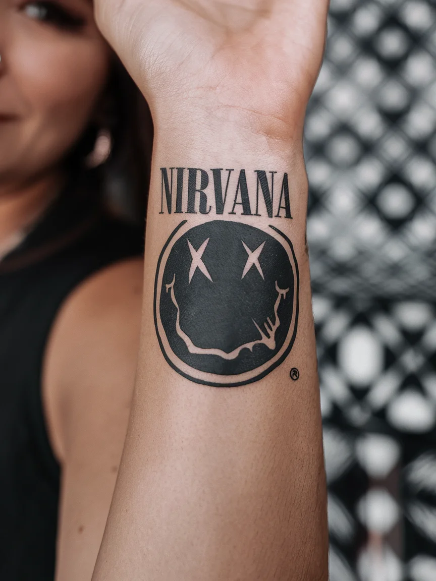 Woman's wrist with Nirvana smiley face tattoo