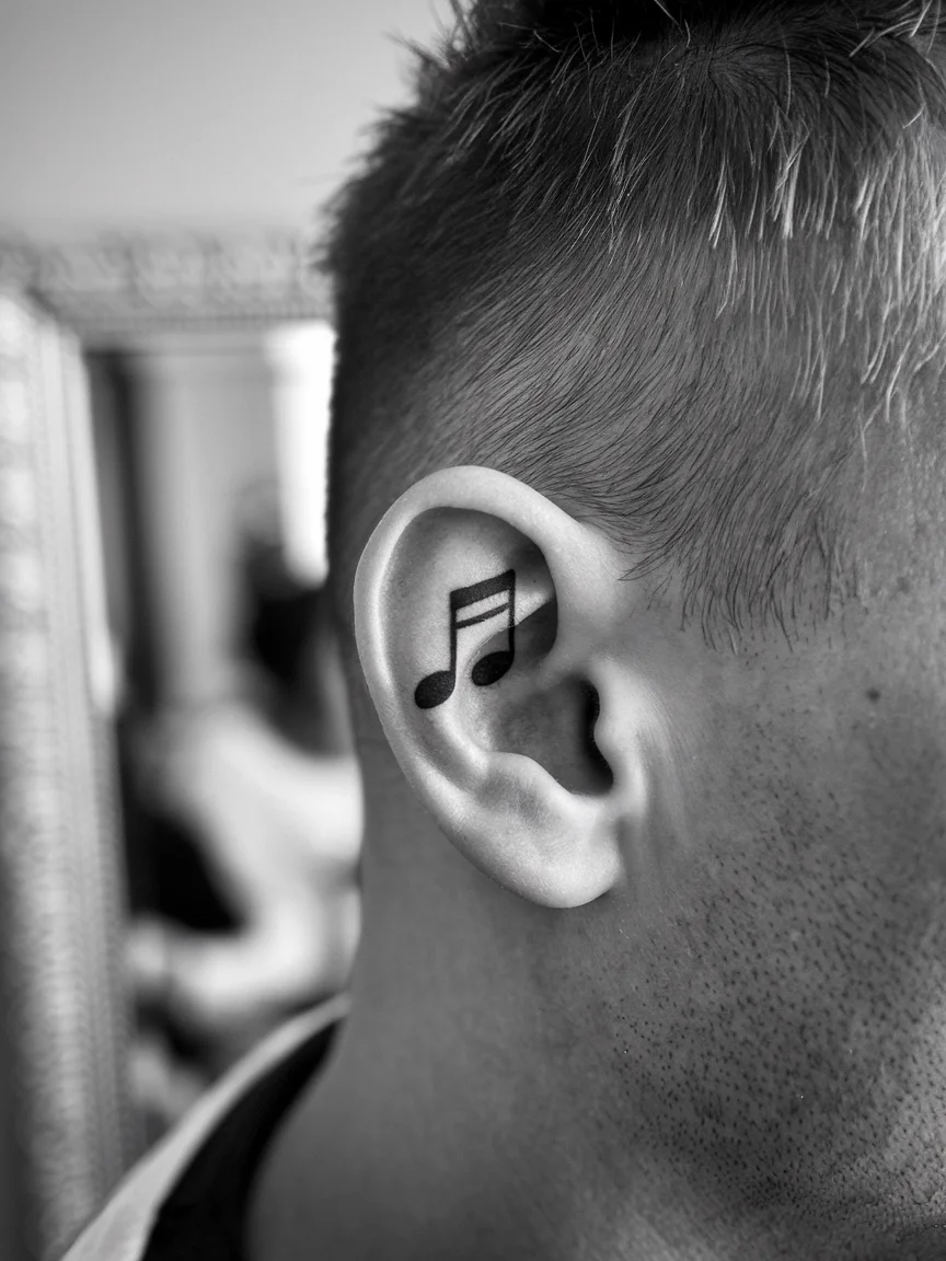 Man's behind-the-ear with minimalist music note stick and poke tattoo