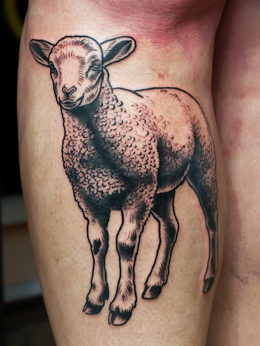 Blackwork lamb tattoo on leg