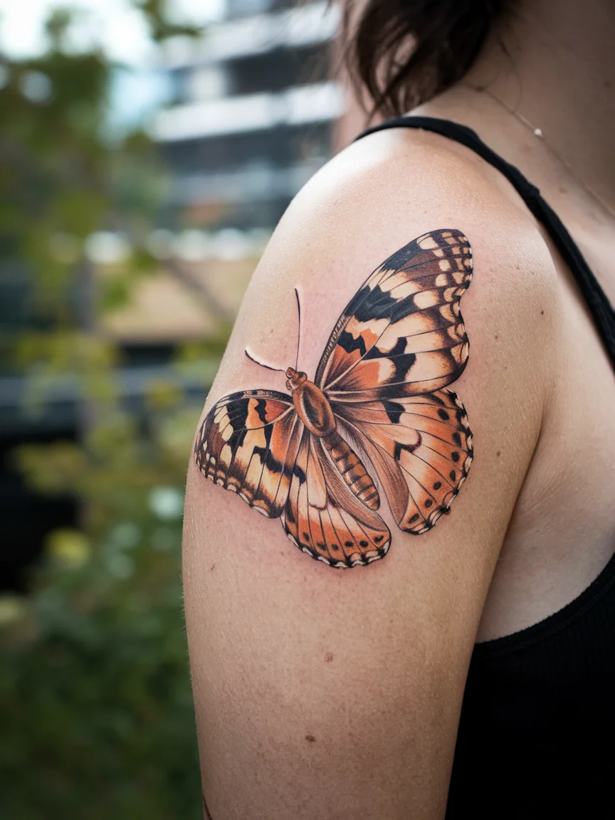 Realistic painted lady butterfly tattoo on upper arm