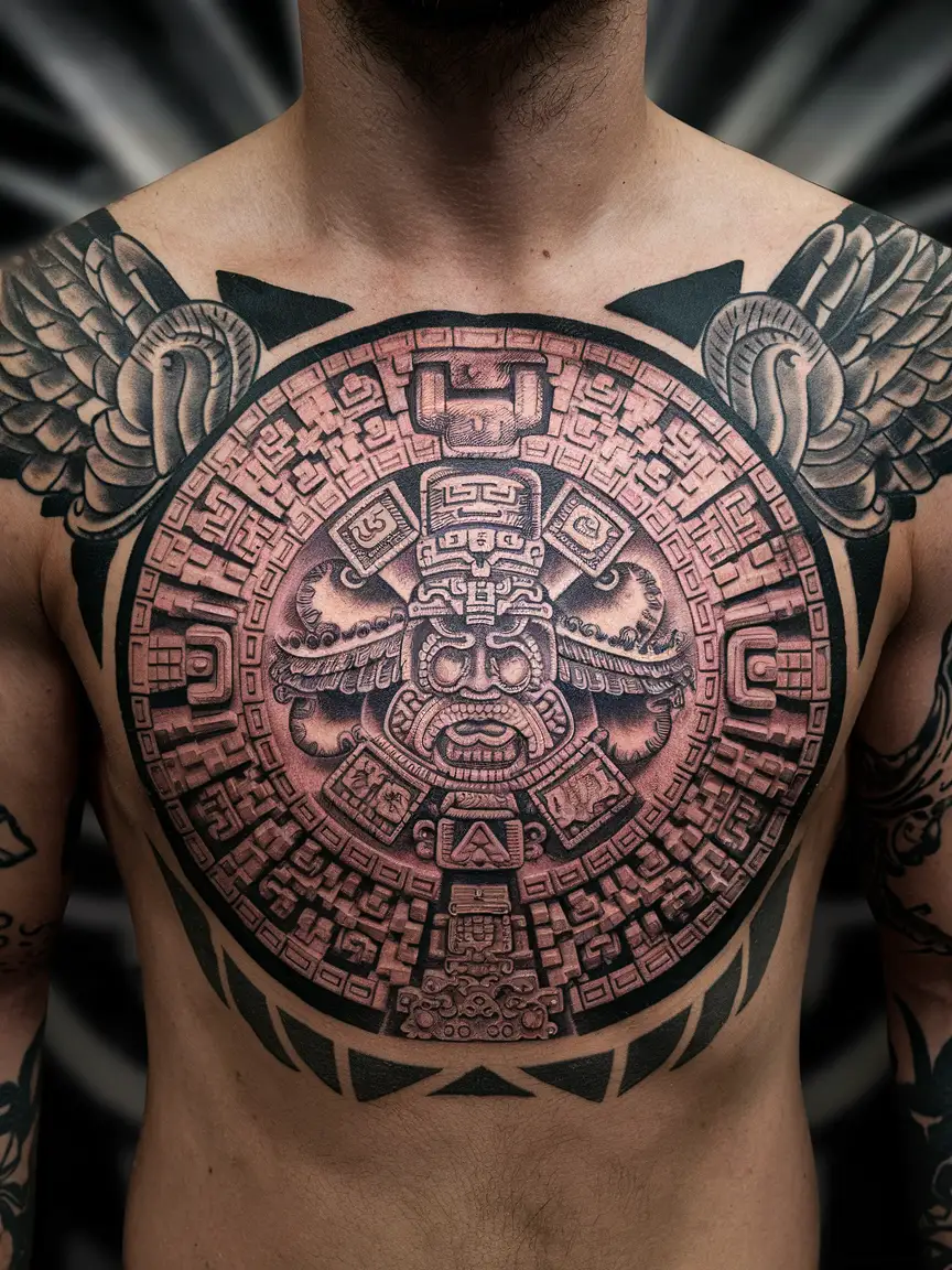 Man's chest tattoo of Aztec calendar with Quetzalcoatl