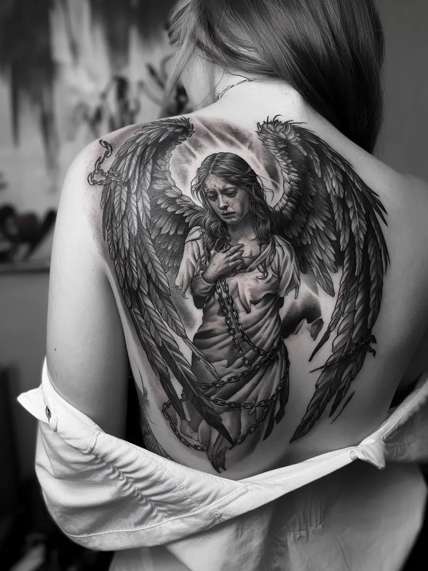 Dramatic fallen angel tattoo on full back
