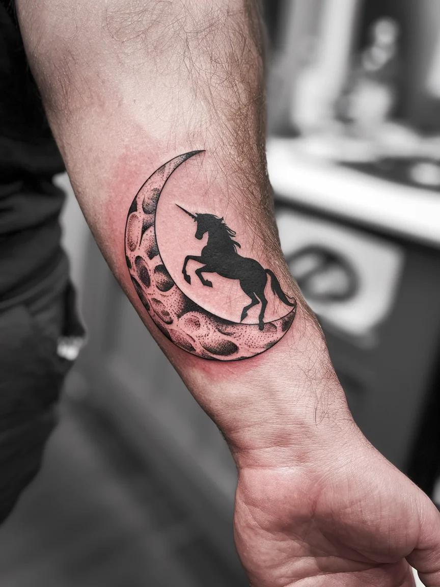 Unicorn and moon tattoo on man's forearm