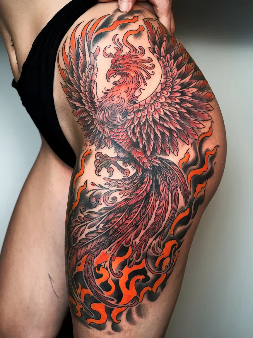 Neotraditional phoenix tattoo on thigh