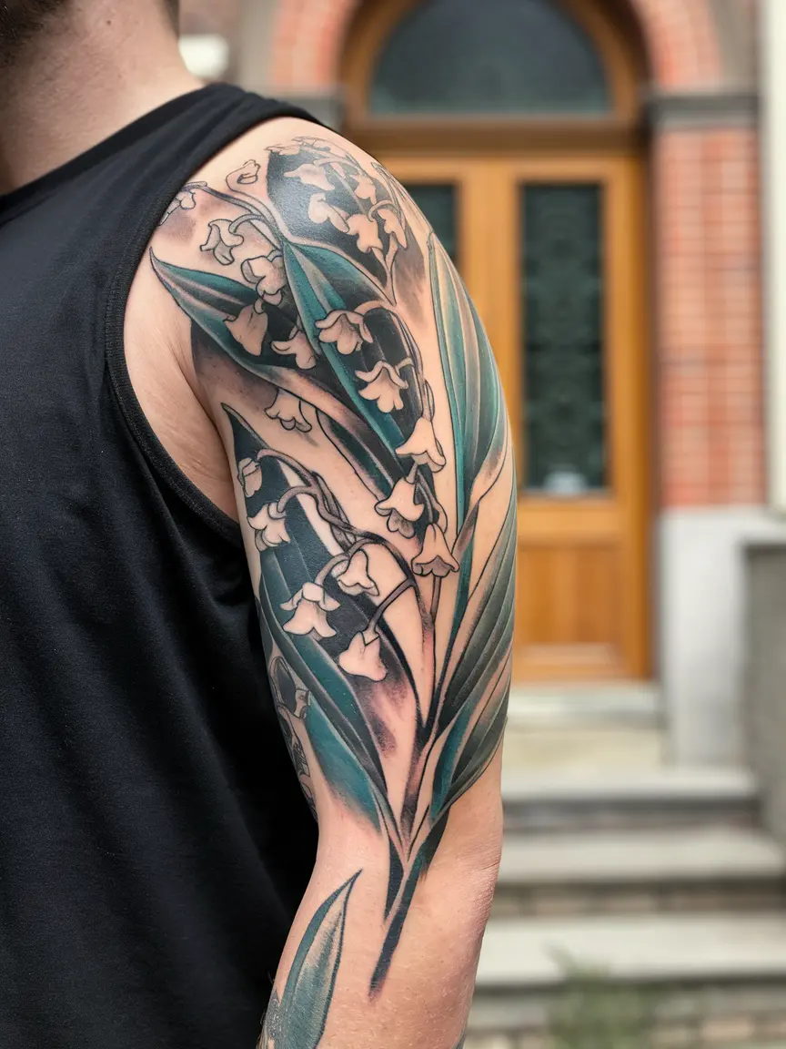 Lily of the valley sleeve tattoo from wrist to elbow