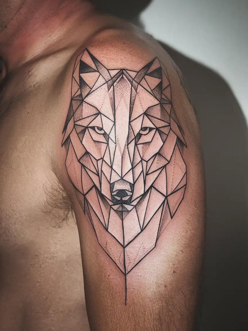 Man's bicep with geometric animal stick and poke tattoo