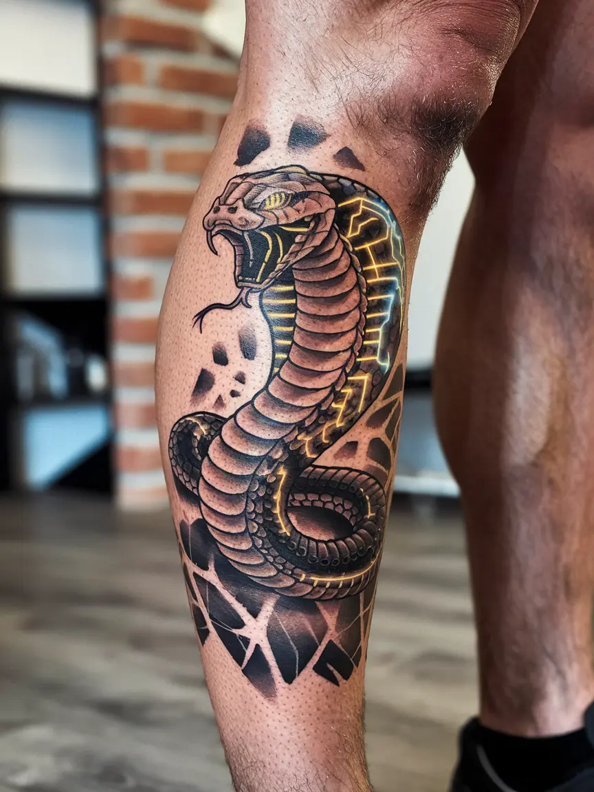 Cyberpunk cobra leg tattoo