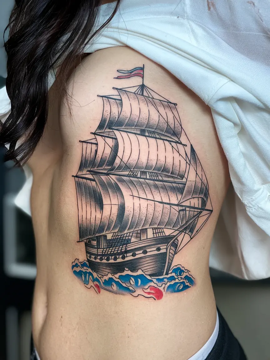 Traditional sailing ship tattoo on ribcage