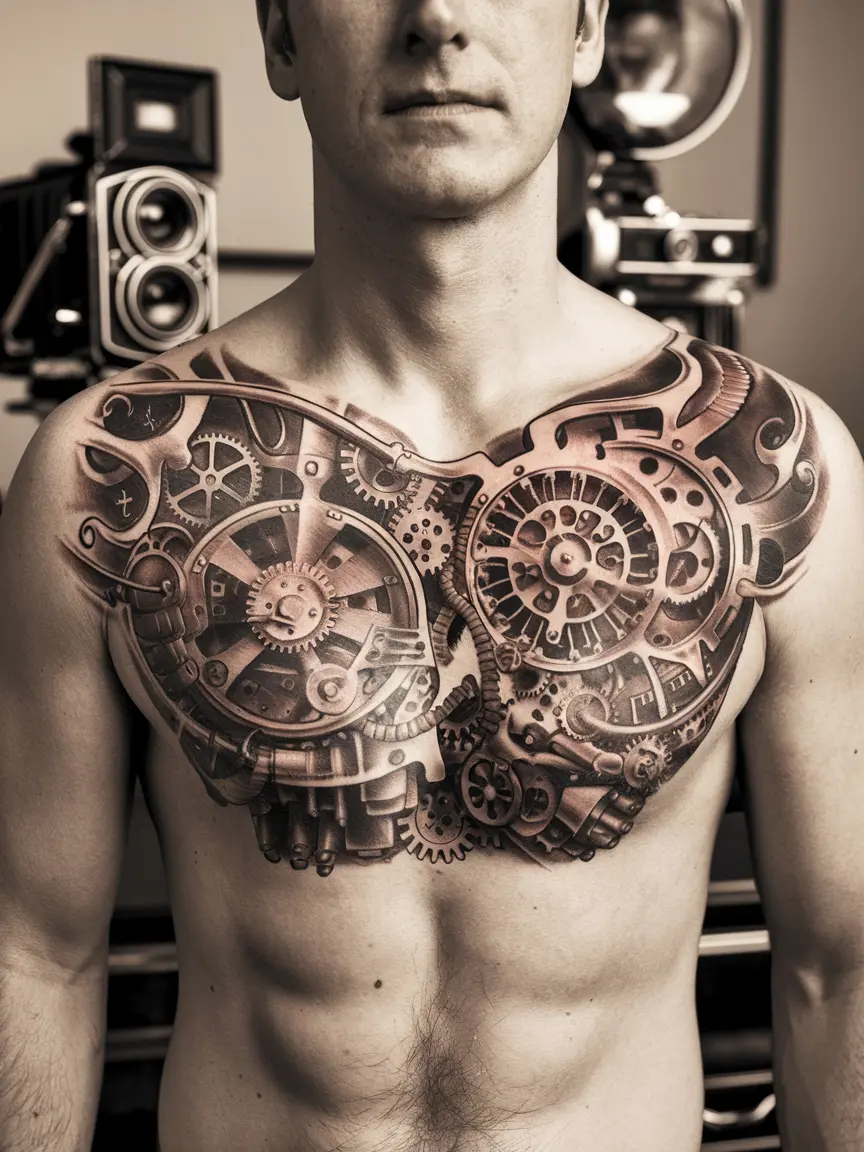 Steampunk masterpiece chest tattoo on man