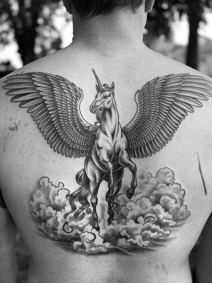 Winged unicorn tattoo on man's back