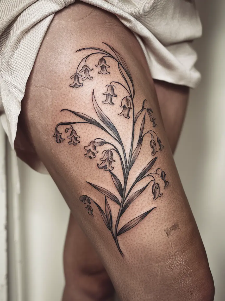 Lily of the valley thigh wrap tattoo