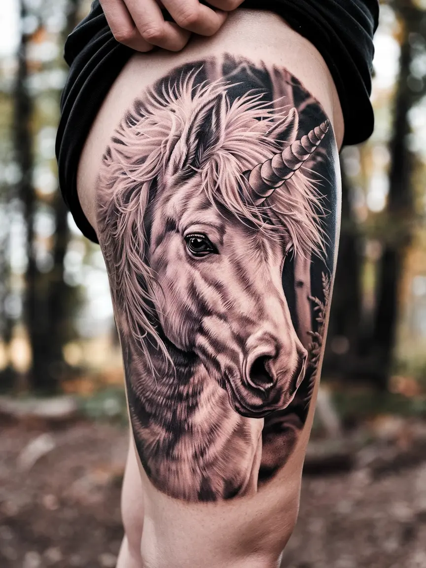 Realistic unicorn tattoo on woman's thigh