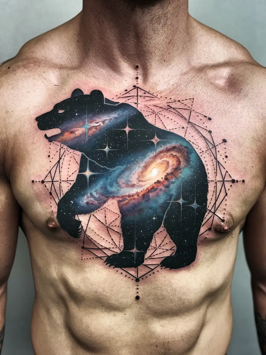 Neotraditional cosmic bear tattoo on chest