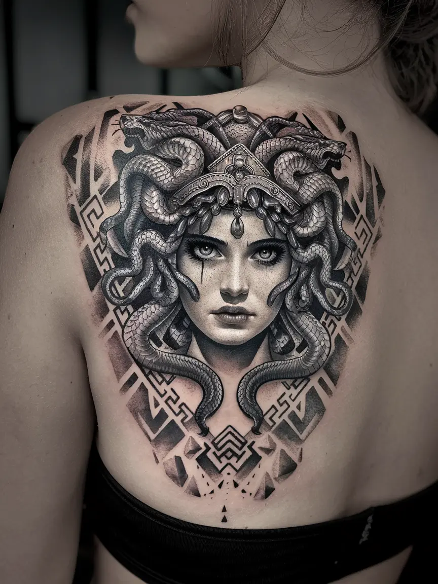 Neotraditional Medusa tattoo on upper back