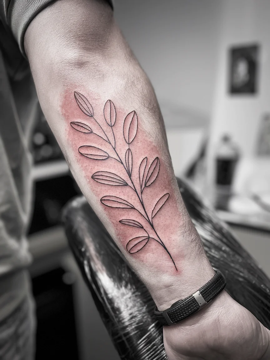 Man's forearm with botanical line drawing stick and poke tattoo
