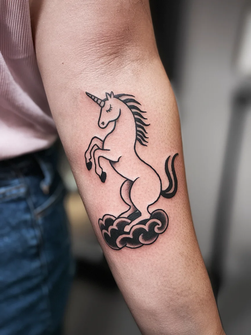 Unicorn silhouette tattoo on woman's forearm
