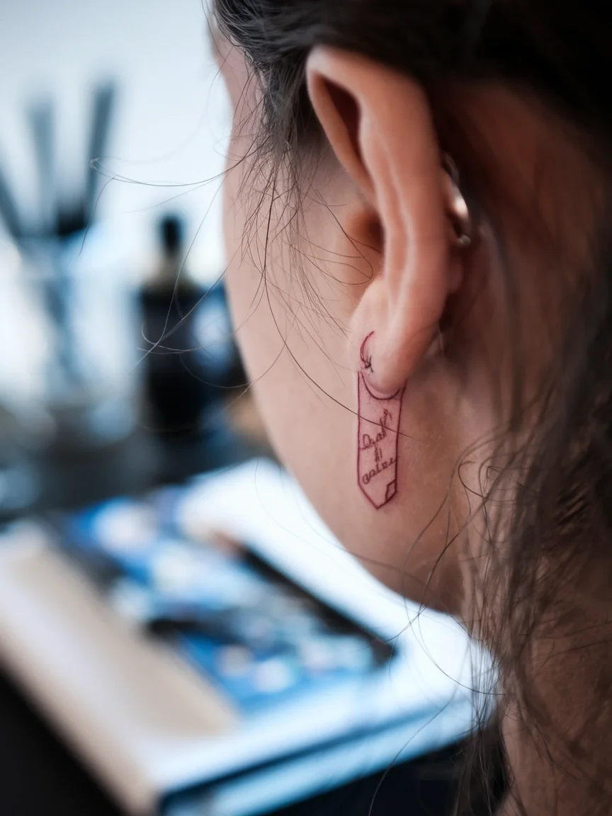 Woman's behind-the-ear tattoo of heart bookmark