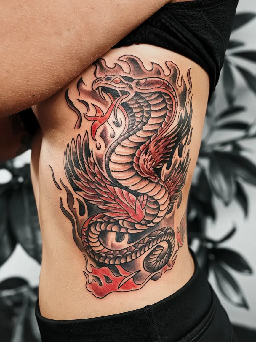 Cobra and phoenix side tattoo
