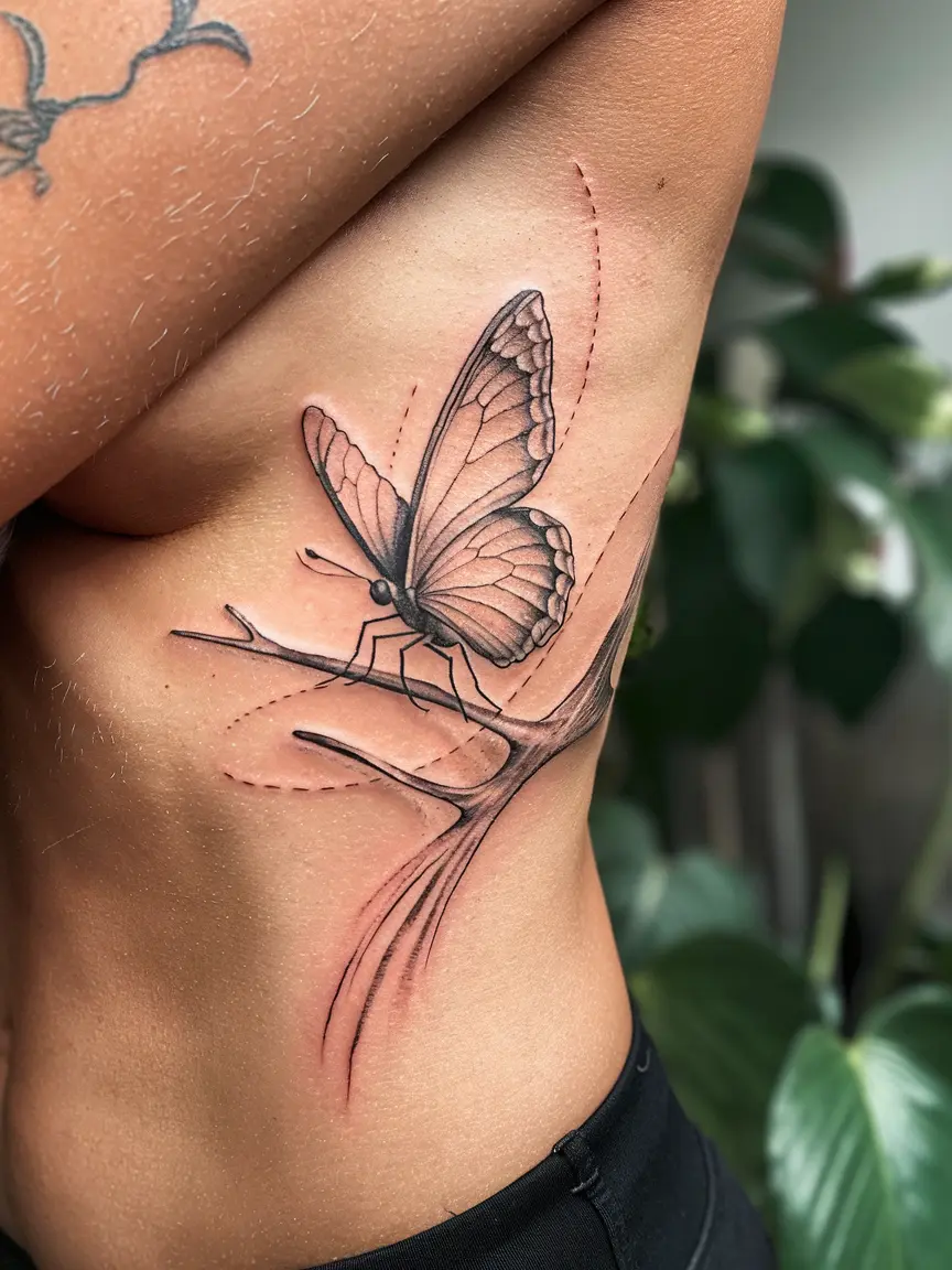 Sketch-style butterfly tattoo on ribcage