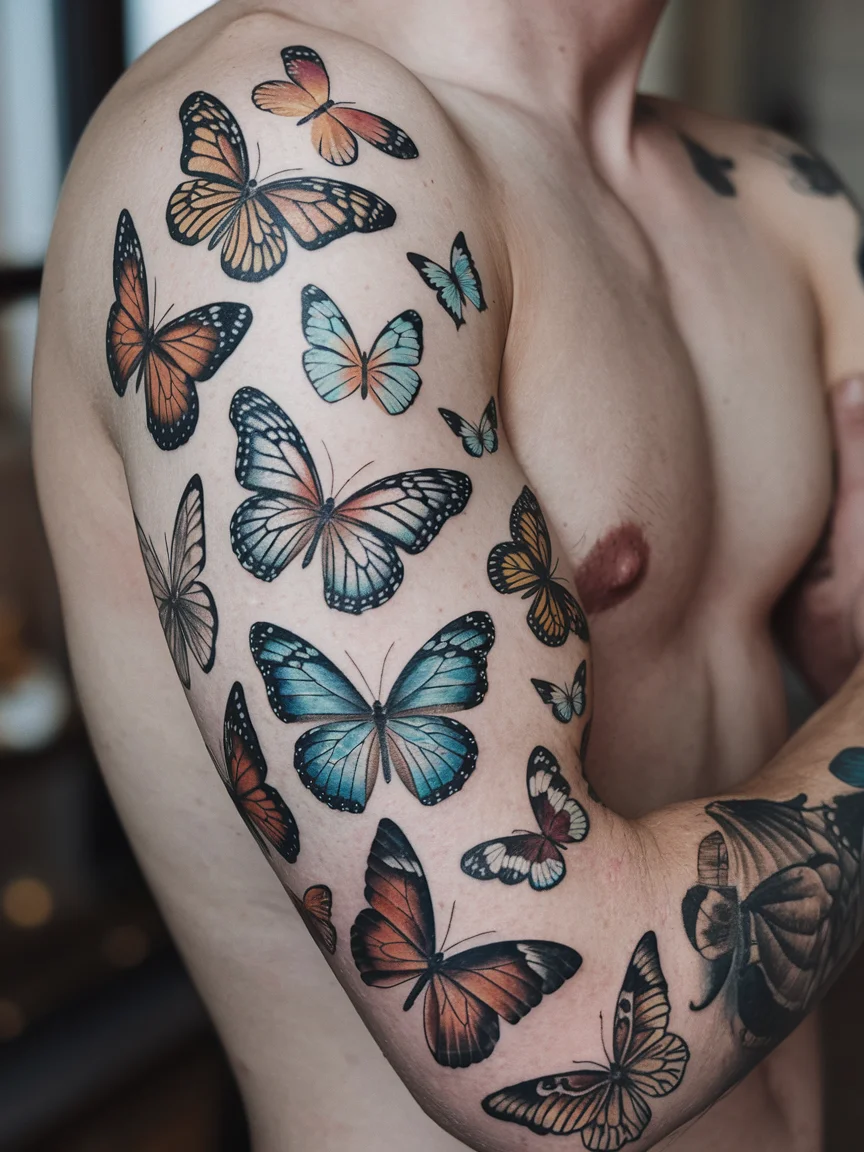 Full arm sleeve tattoo of various butterflies