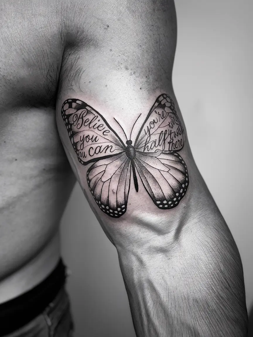 Butterfly tattoo with quote forming wings on forearm