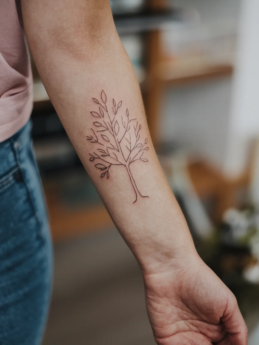 Simple tree outline tattoo on woman's forearm