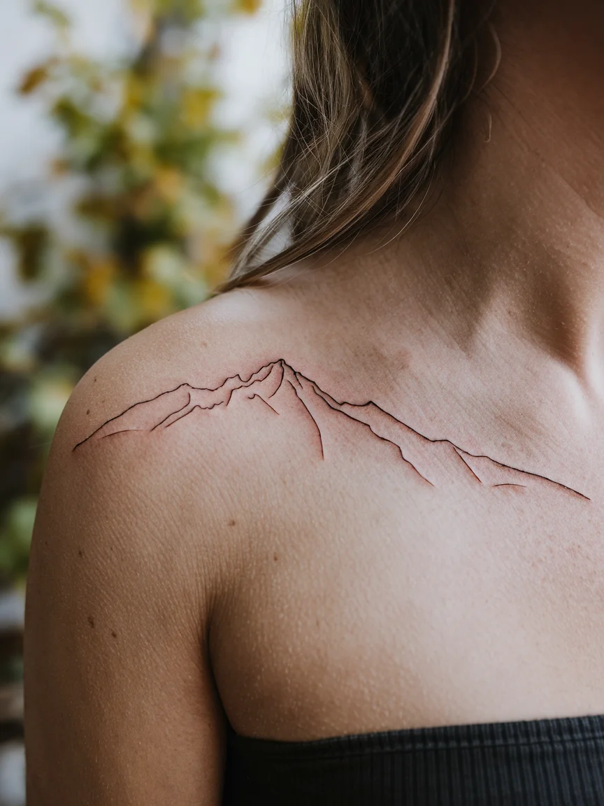 Minimalist mountain line art shoulder tattoo