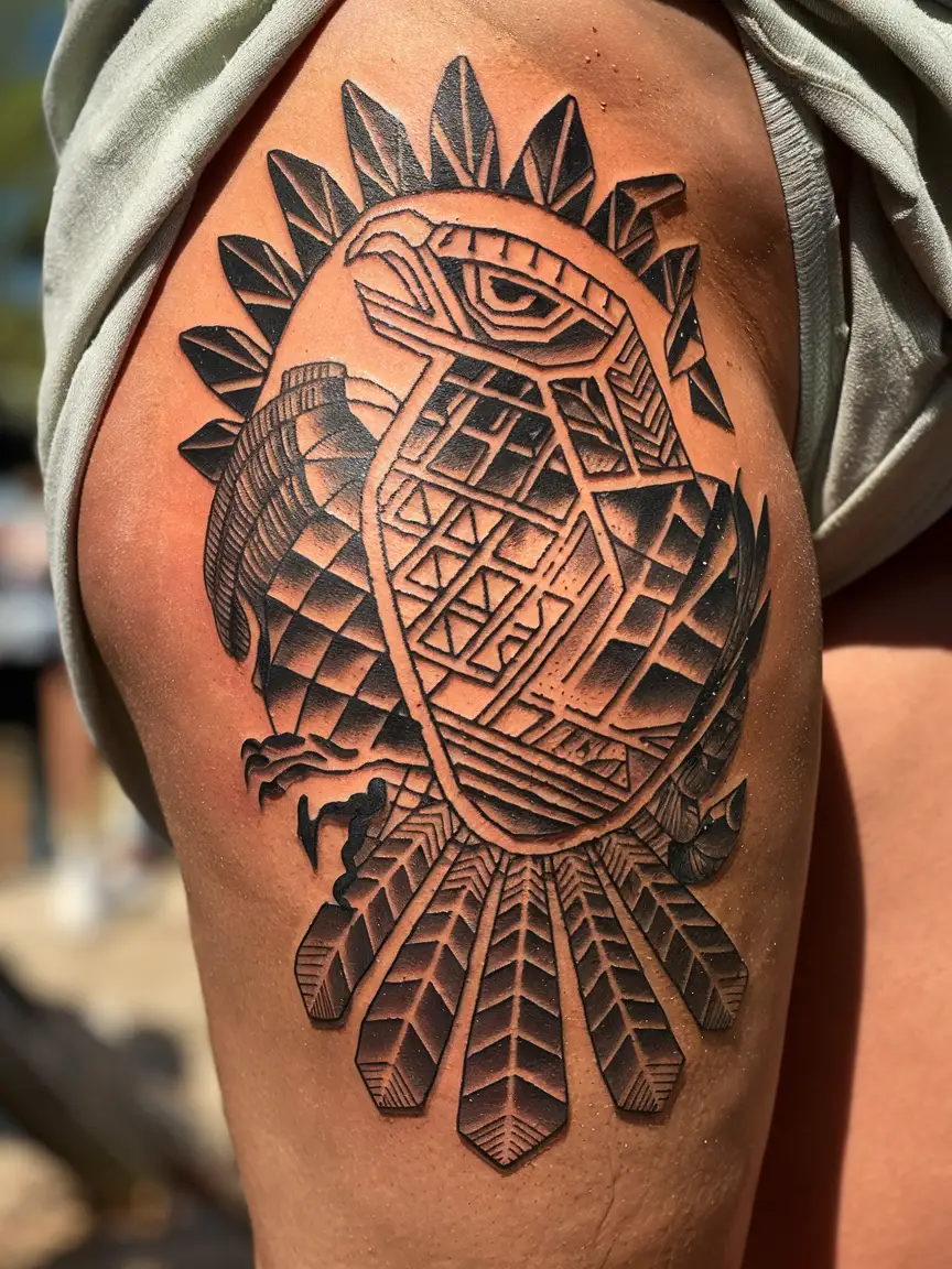 Aztec eagle warrior neotribal tattoo on thigh
