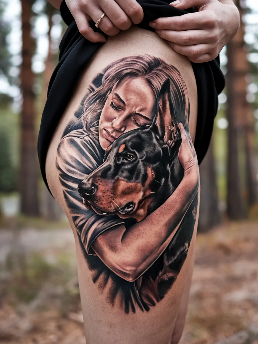 Doberman and owner portrait tattoo on thigh