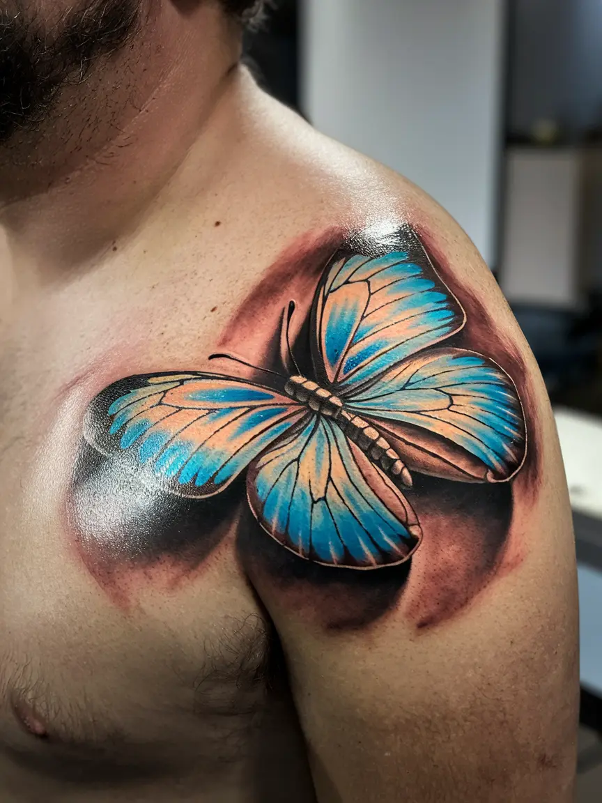 3D realistic butterfly tattoo on shoulder