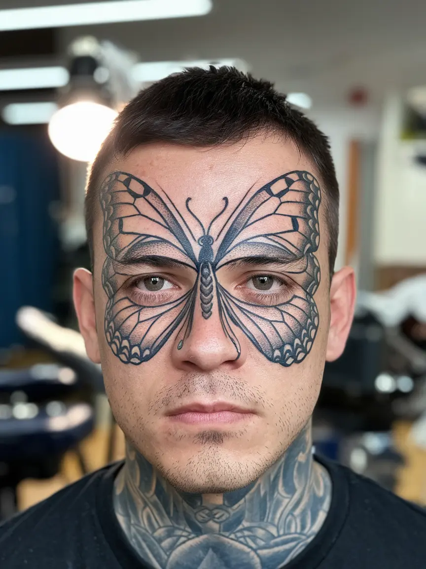 Butterfly eyemask tattoo on upper face