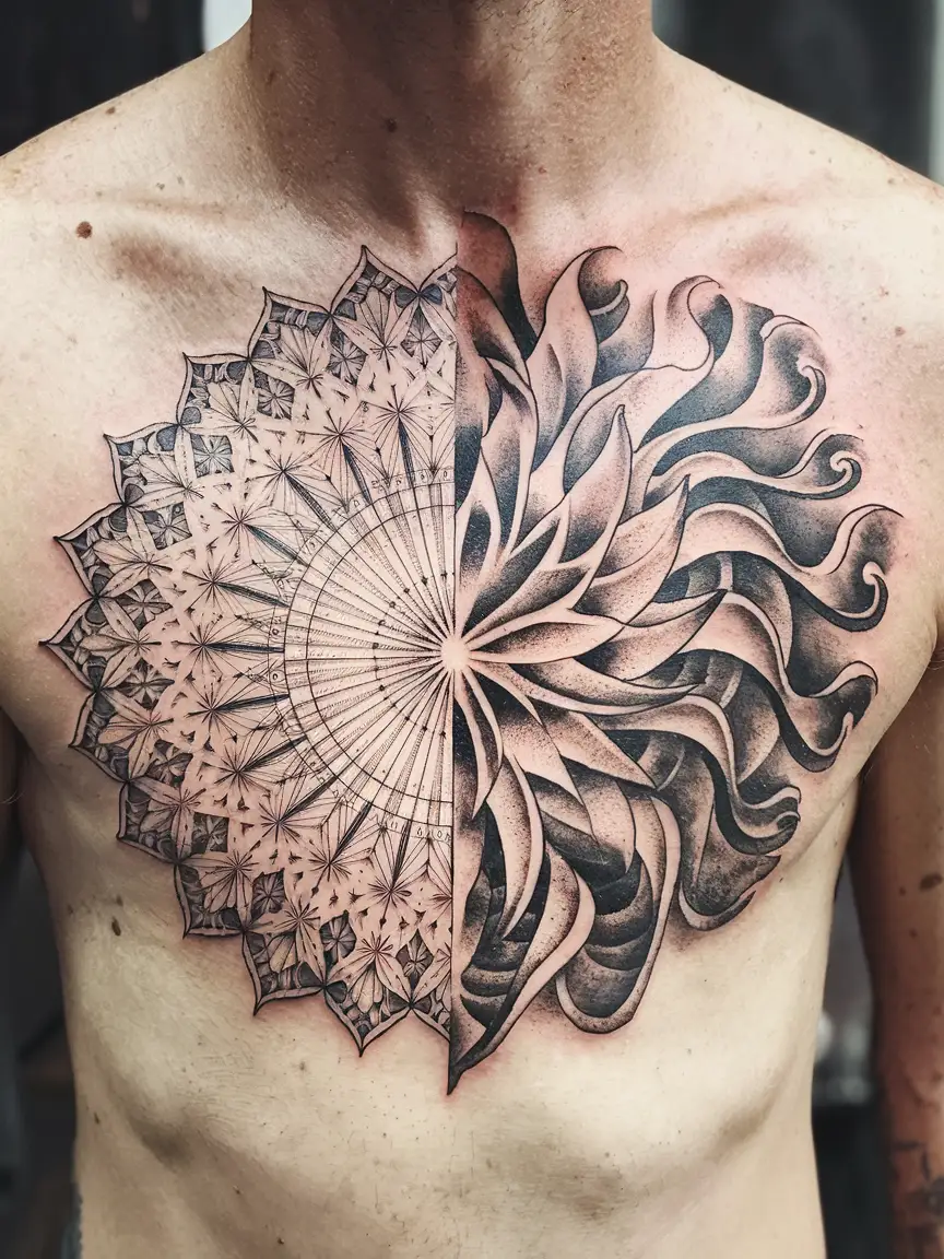 Man's chest with balanced mandala tattoo