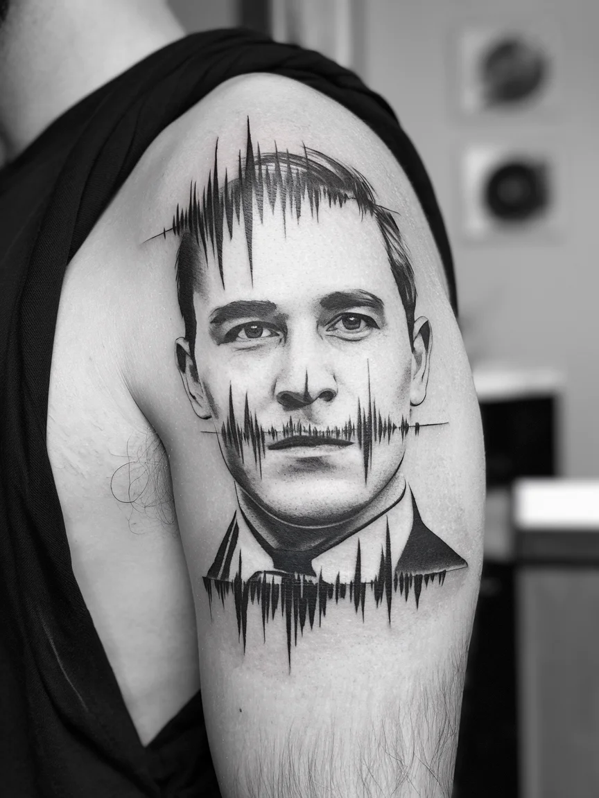 Soundwave portrait bicep tattoo