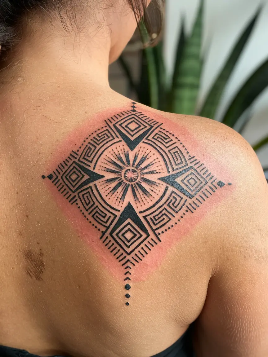 Hopi sun symbol neotribal tattoo on upper back