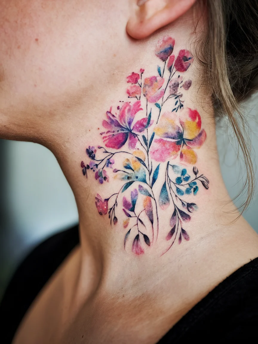 Watercolor floral neck tattoo