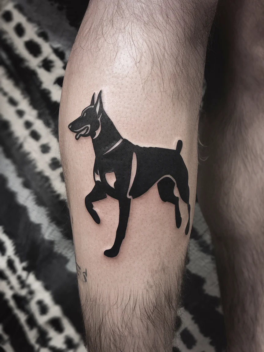 Doberman silhouette tattoo on calf