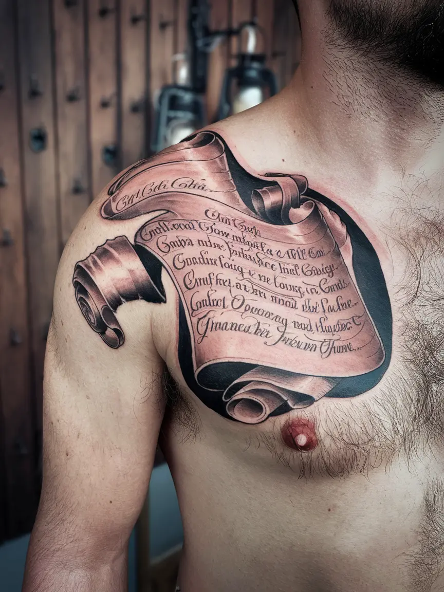 Man's ribcage tattoo of quote on scroll