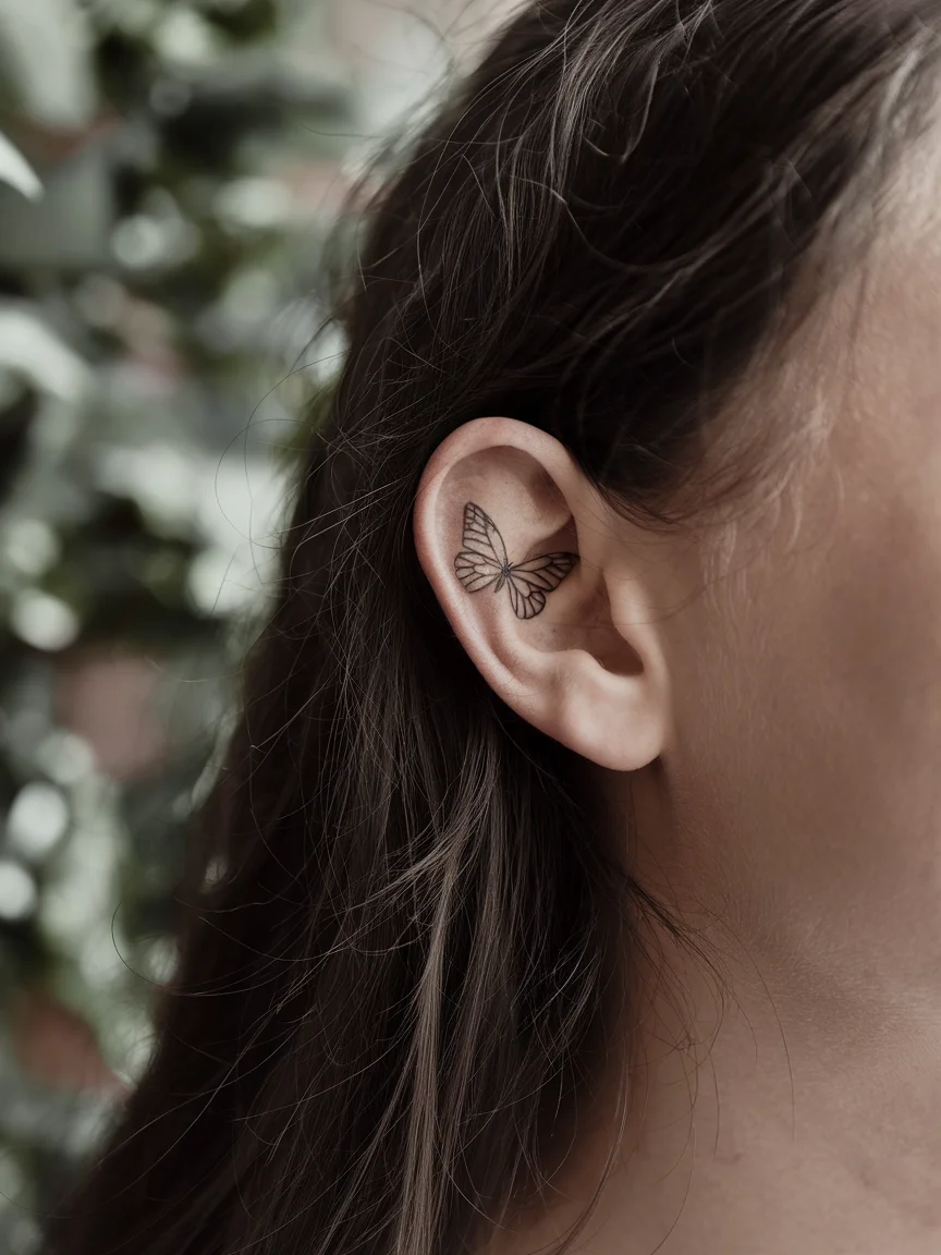 Small delicate butterfly tattoo behind ear